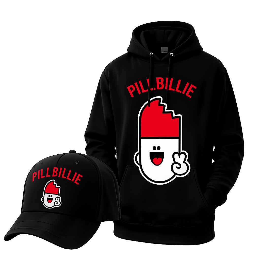 PillBillie merch hoodie and hat